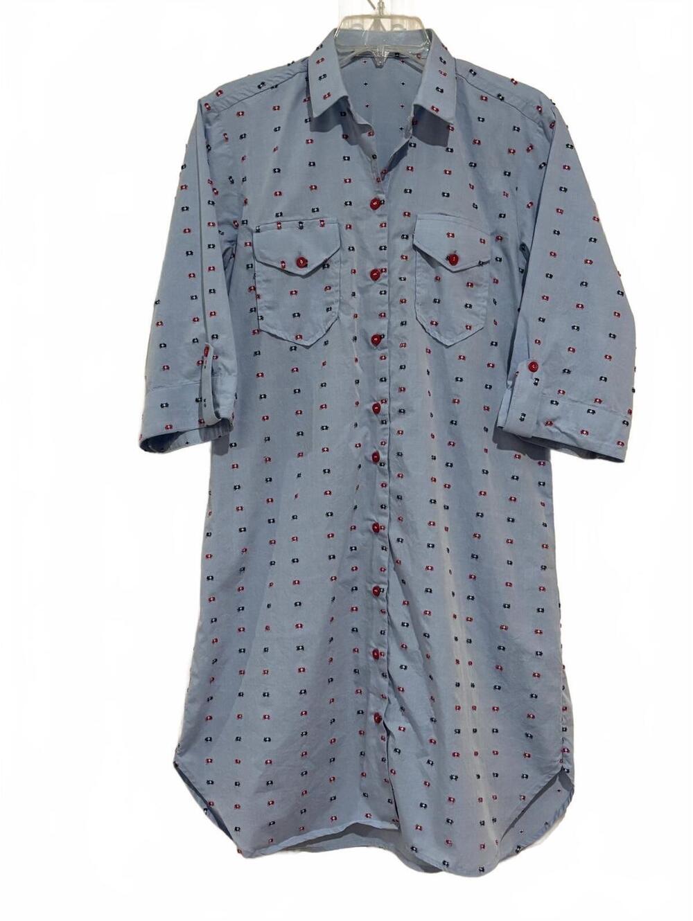 House of Urek Fashion Light Blue Button-Up Shirt Dress with Red and Navy Embrodi